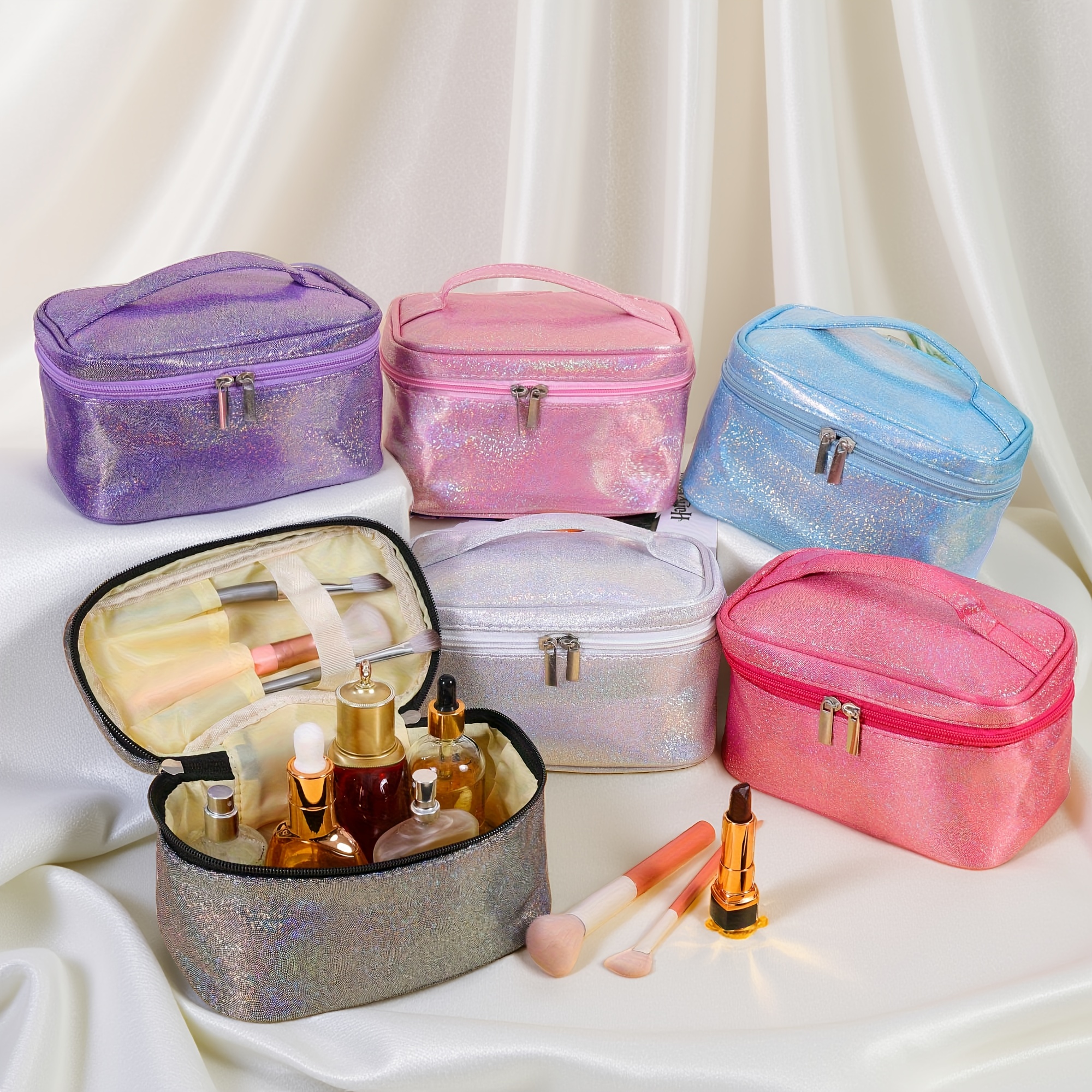 Glitzer-Make-up-Tasche Groß – Silber, Wasserdicht, Mit Vielen Fächern | Reise-Kosmetiktasche Als Geschenk Für Frauen