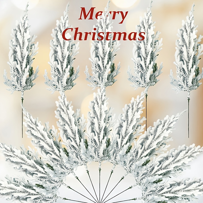 Image of 5pcs Artificial Snowy Cedar Spray - Snow Covered Cedar Spray Christmas Decorations, Suitable For Gifts, Tables, Vases, Christmas Wreaths, Christmas Trees, Indoor And Outdoor Home Decorations.