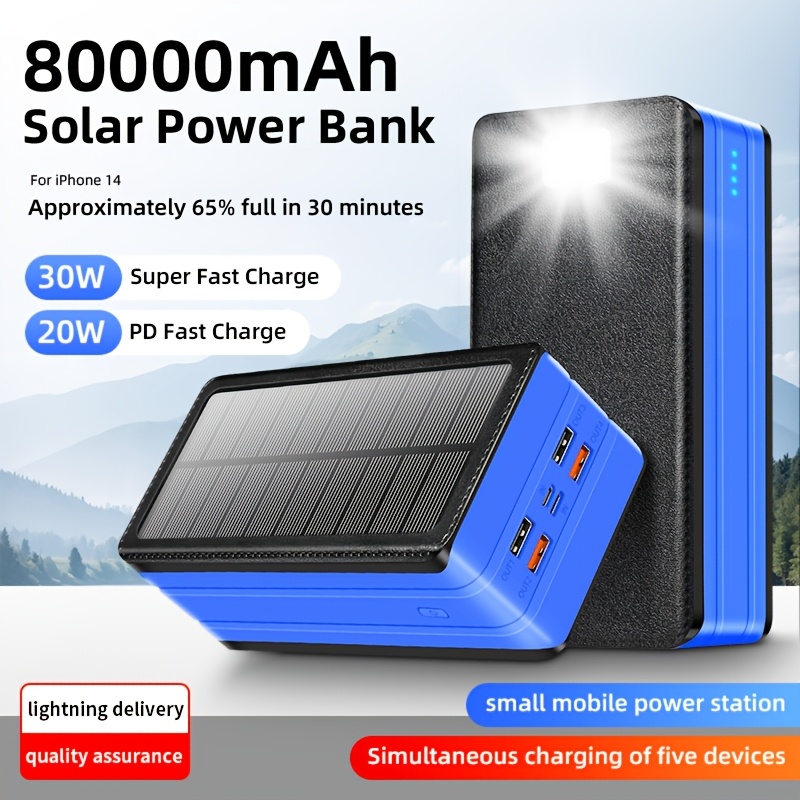 80000mah large capacity solar charger power bank 30w fast charging mobile power 5 outputs and 2   led flashlight sos flashlight warning lights portable charger suitable for outdoor camping and wilderness survival gear Product details 7