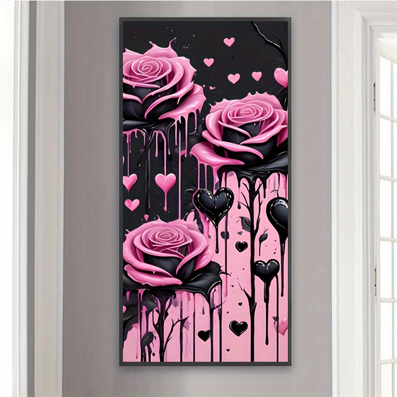 

5d Diy Diamond Painting Kit, 1pc 50x110cm, Round Acrylic Diamond Art, Full Drill Black Rose And Heart Embroidery Stitch, Handmade Mosaic Craft Wall Decor