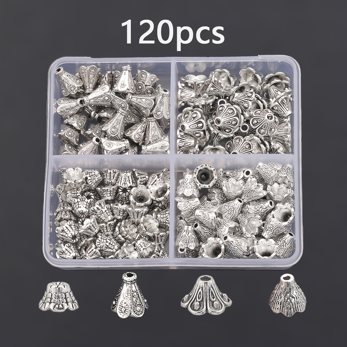 E-shop 120 Stk. pro Box / 7 mm / Perlen und Perlen-Sortimente, Trompetenblumenförmige Hochfuß-Blumenstützen, Baummustern-Hochfuß-Perlenkappen, Kleine