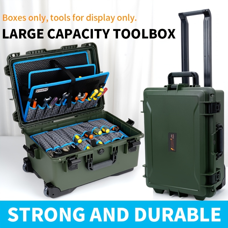   rolling toolbox with 4 wheel spinner base large capacity durable plastic tool organizer for electricians mechanics diy multi functional hand truck with black handles blue accents toolbox for working toolbox for truck mechanics gear sturdy construction 0