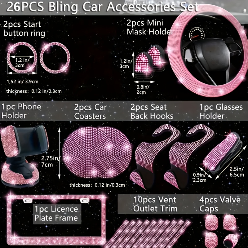 26pcs of diamond-encrusted interior car accessories, including steering wheel covers, phone holders, license plate frames, car hitches, water cup pads, one-key start rings, air vent decorative strips, etc.