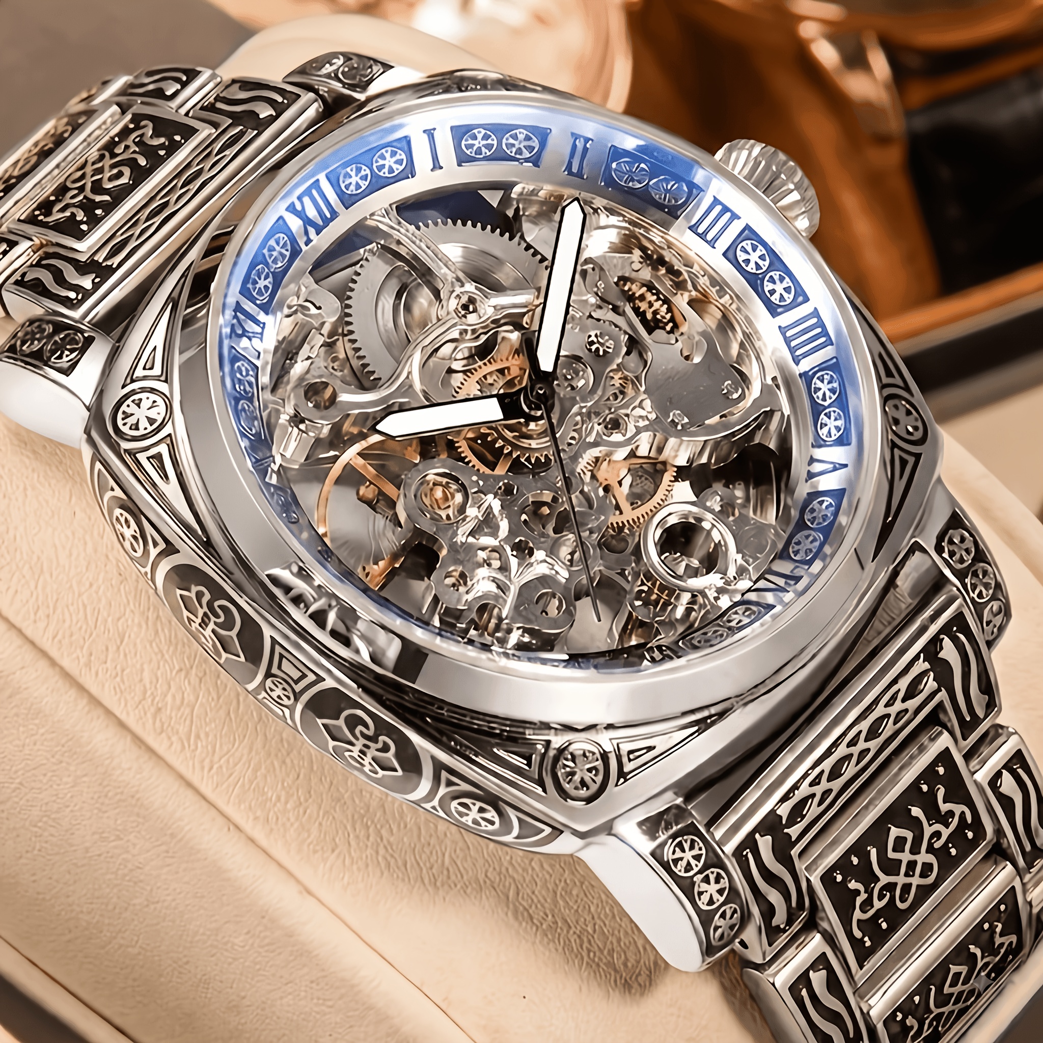 Image of 1pc Men's Yellow Steel Strip Retro Carved Roman Fully Automatic Hollow Mechanical Watch, Without Battery