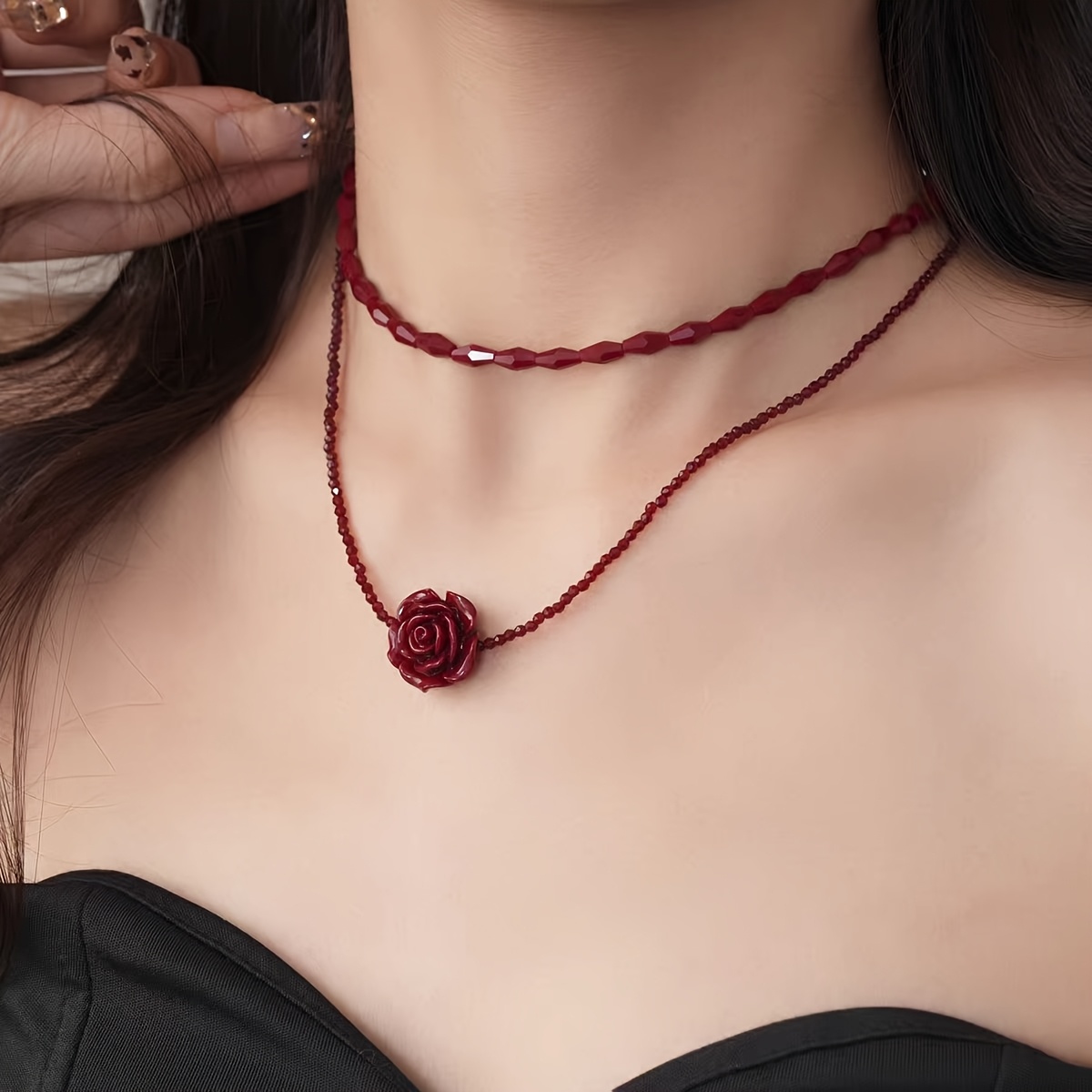 French-Style Red Rose Double-Layer Stackable Necklace