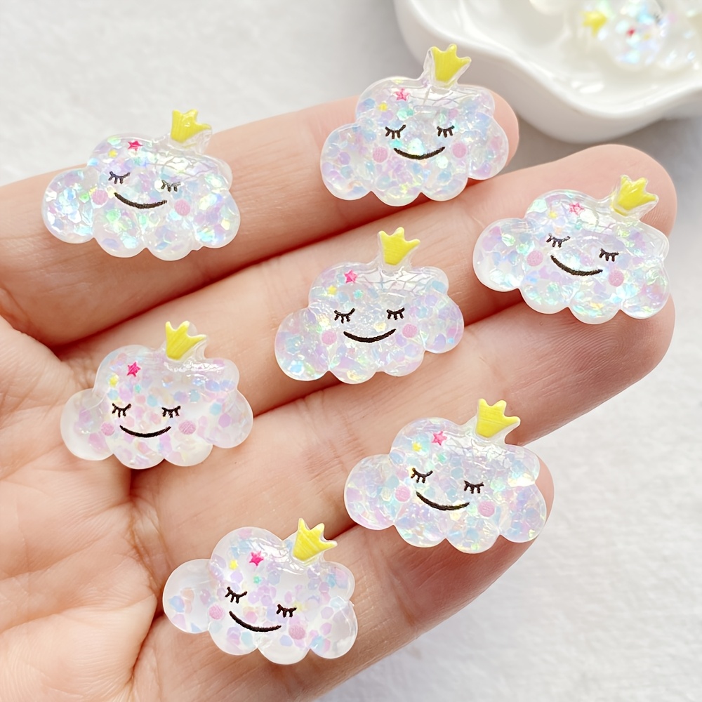 TEMU 2D Flat - 8 Mini Funkelnde Wolken Dekorationen, Bunte Harz Kawaii Mini Lächelnde Weiße Wolken, Flachboden Ornamente Geeignet für Scrapbooking,
