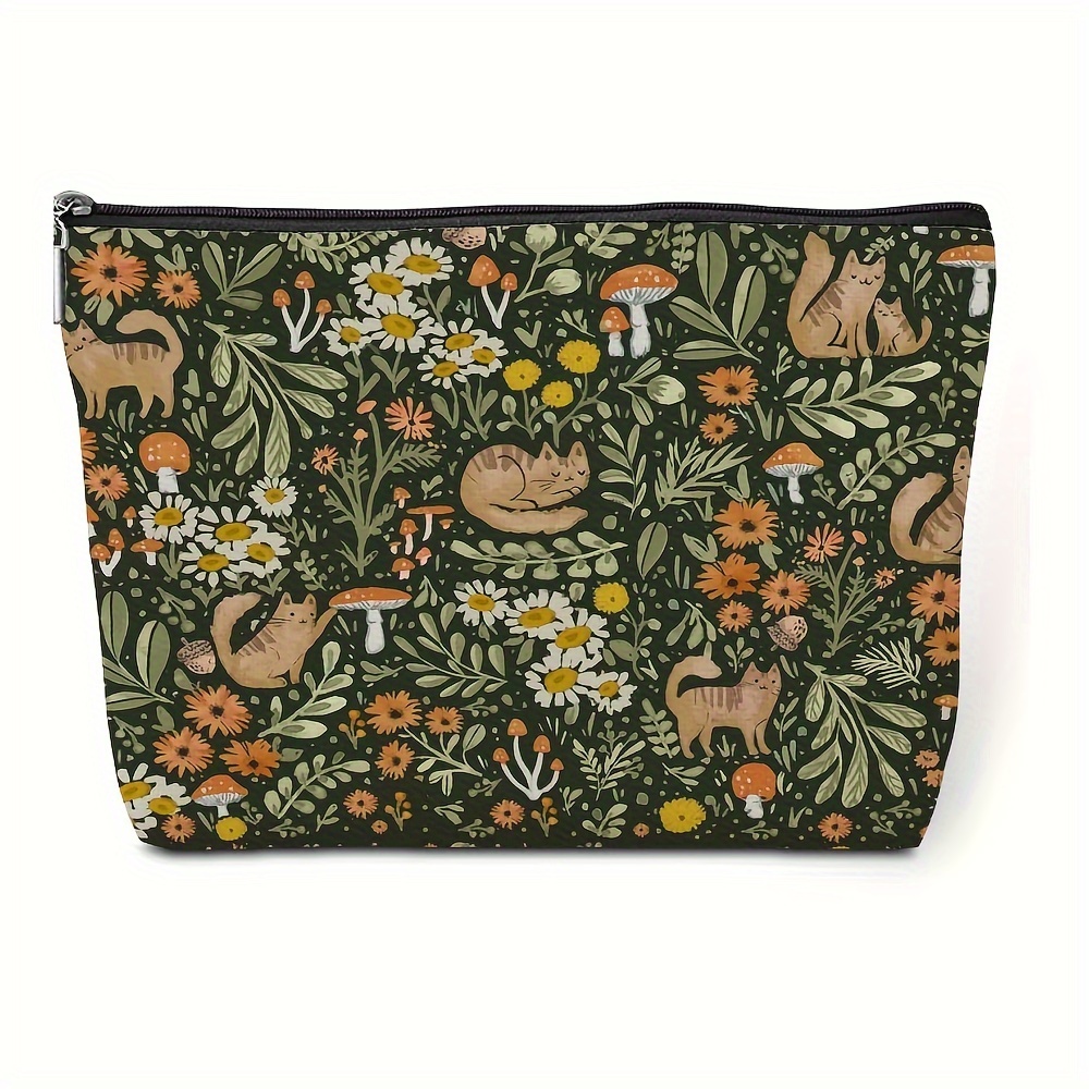 

Cat & Floral Mushroom Makeup Bag - Perfect Gift For Cat Lovers, Women, And Pet Enthusiasts - Linen, Scent-free Cosmetic Pouch