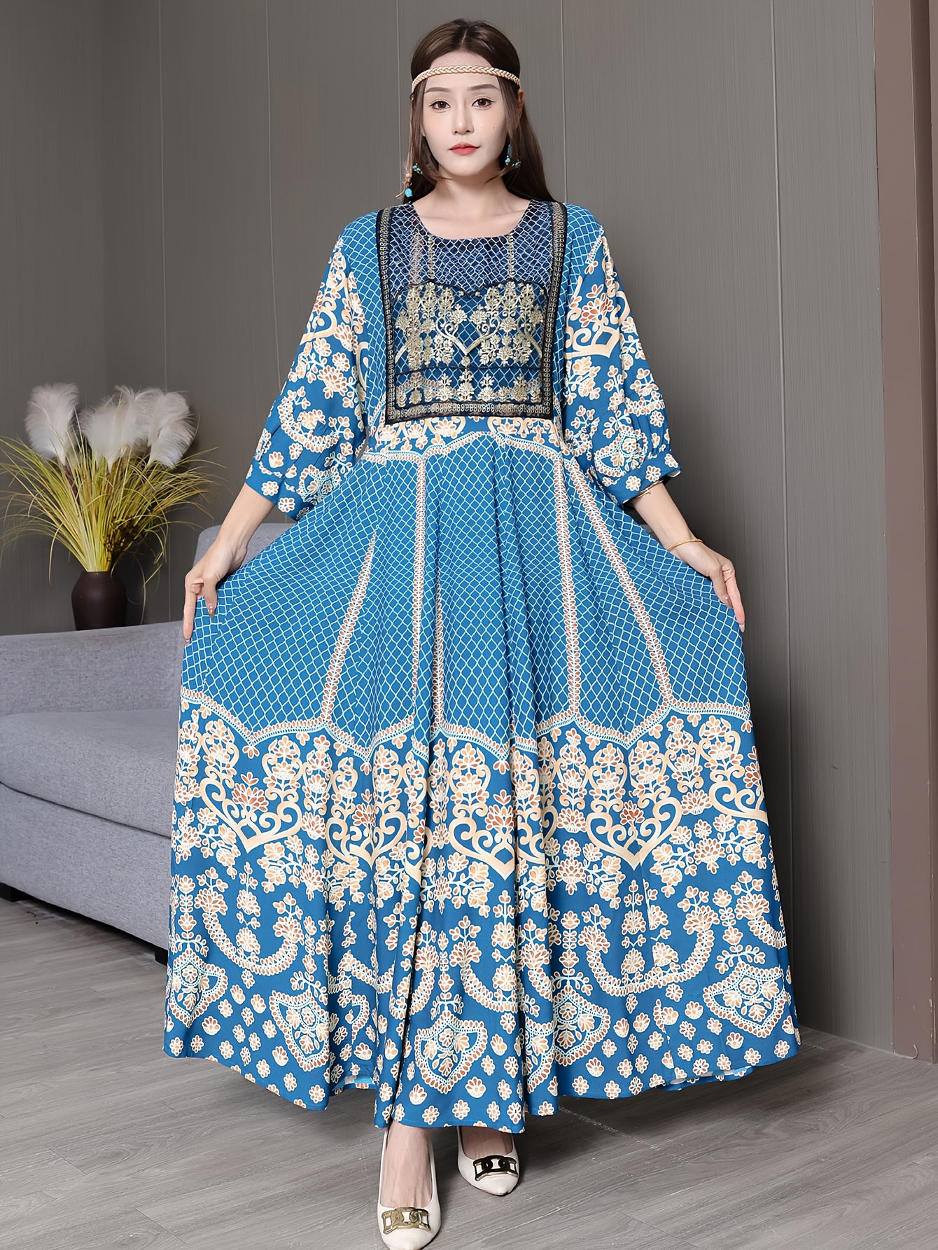 embroidered maxi dress casual Women's Grey Embroidered Maxi Dress – FineLook main image 1