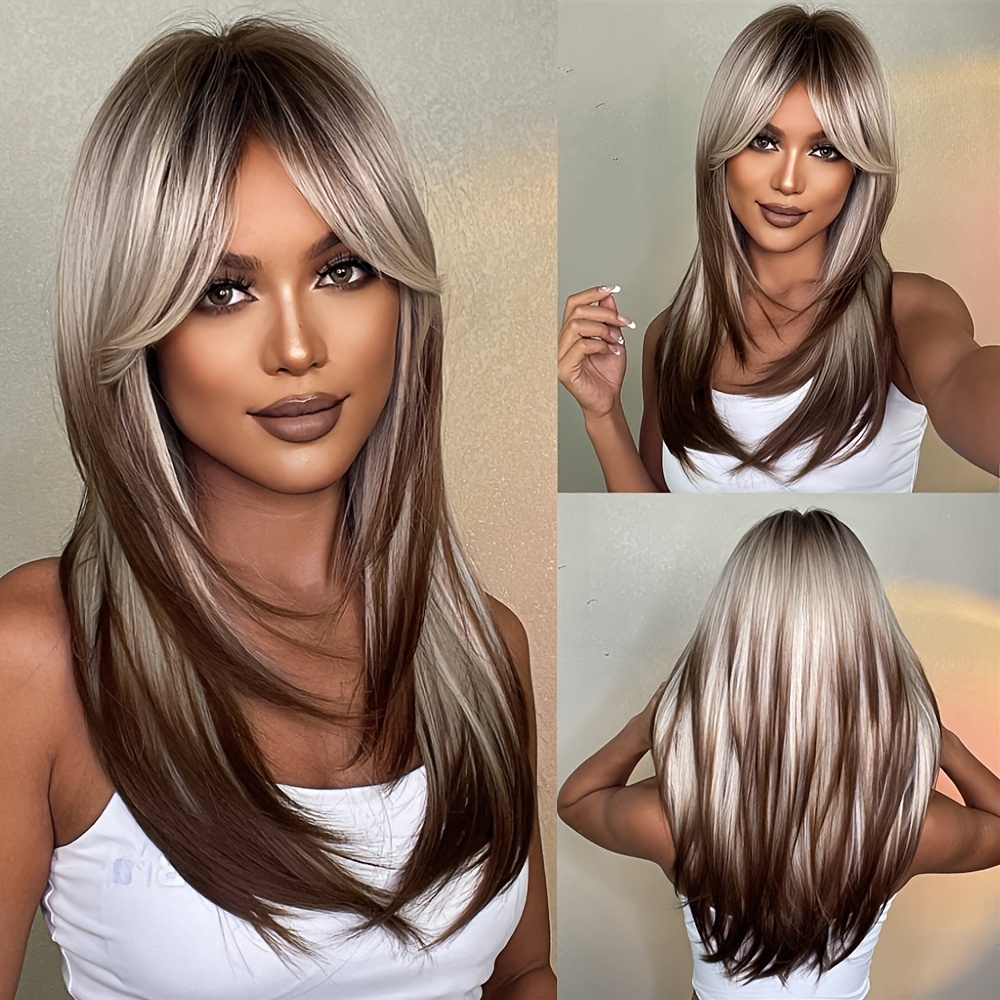 Image of Long Straight Layered Synthetic Wig With Bangs, Daily Cosplay Heat-resistant Blonde Ombre Copper Brown Hair Wig For Women
