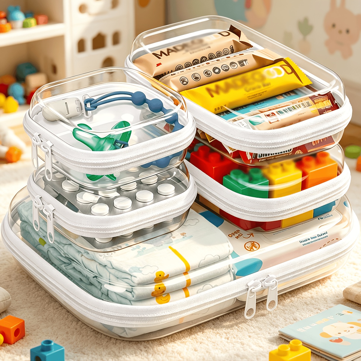 TEMU 5 Pack Diaper Bag Organizer Pouches, Clear Hard Shell Zipper Cases For Travel Essentials, High Quality Storage Box For Pacifier Snacks Wipes