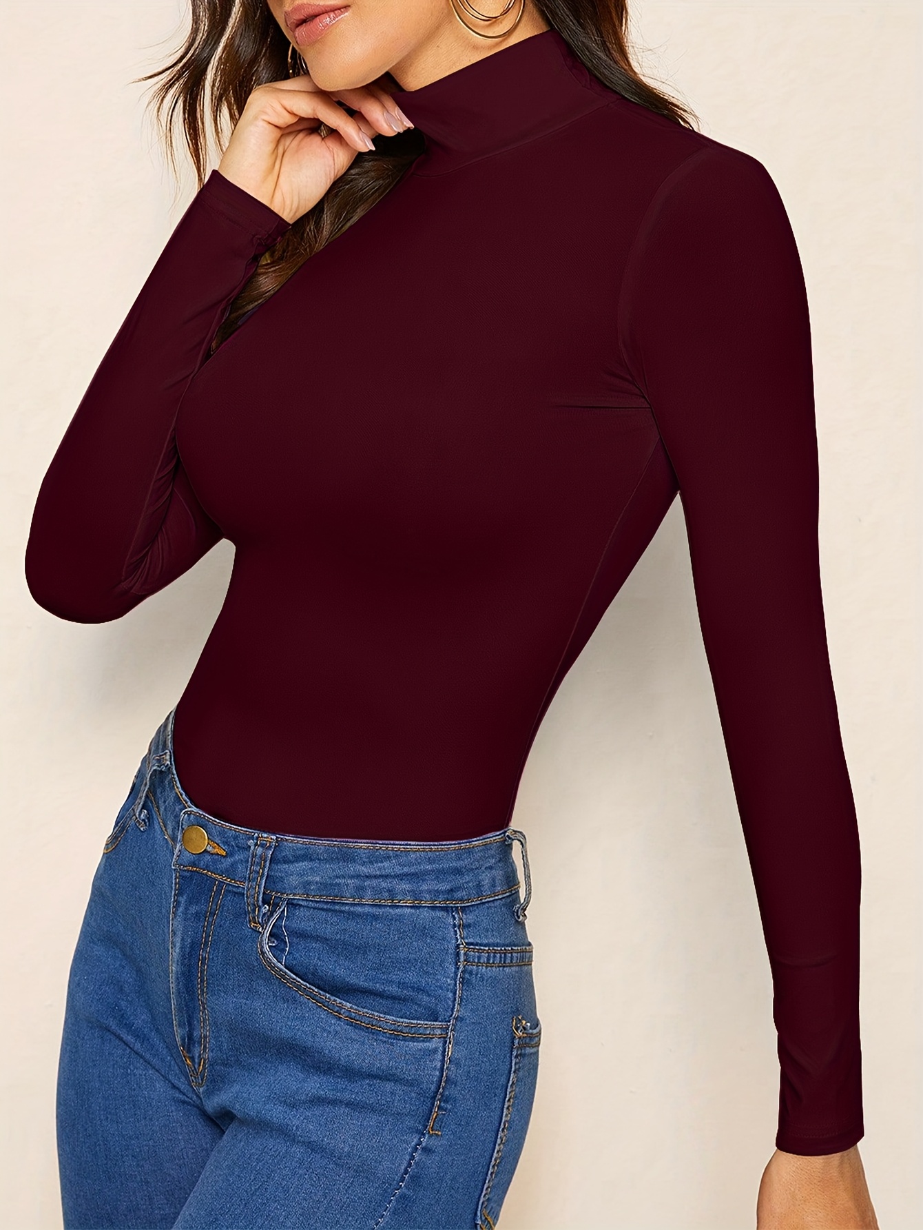 Solid Color Mock Neck T-Shirt, Versatile Long Sleeve T-Shirt For Spring & Fall, Women's Clothing