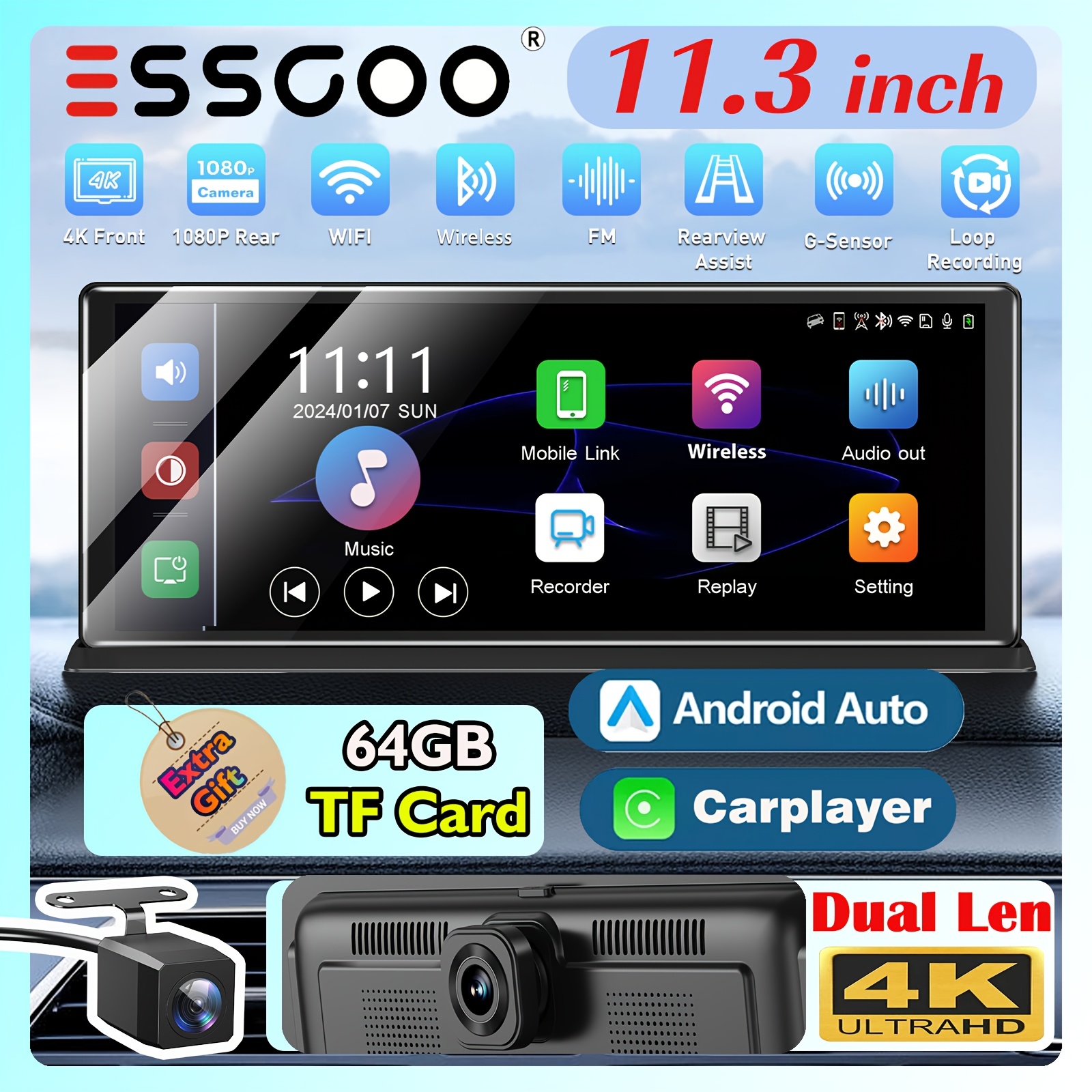 Essgoo 11.3 Inch Radio With Dual Len 1080p Backup Camera & 4k Dash Camera, Suitable For All 4wd Vehicles, Auto, Support Mirroring Link/ Wifi & App/ / Aux/ Fm/ Voice Control Function With 64gb Tf Card