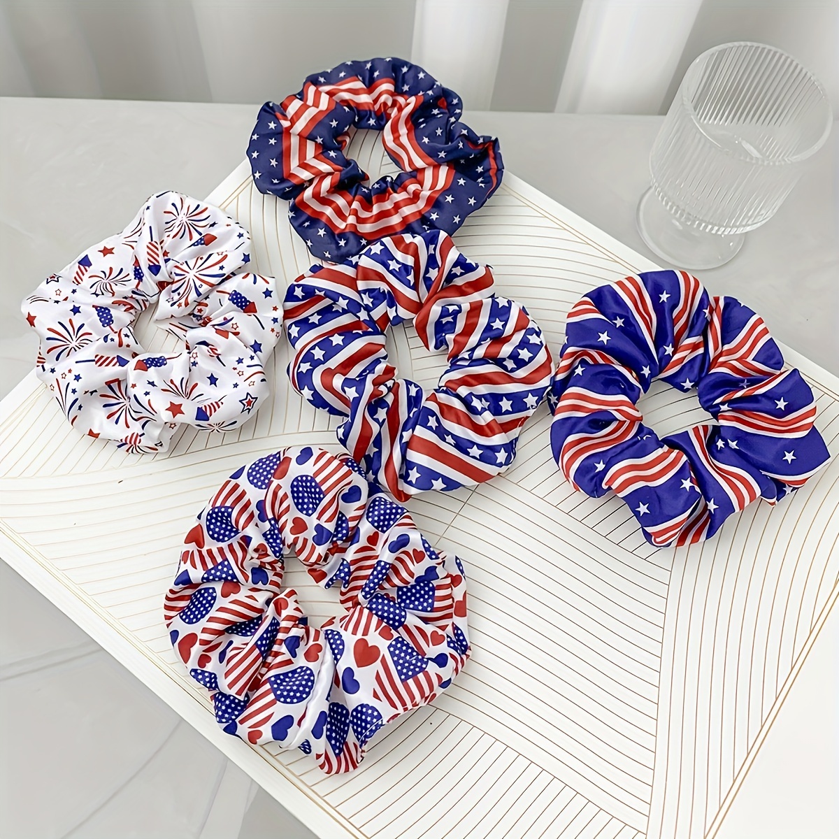 

5-piece Patriotic American Flag Hair Scrunchies - Elastic Ponytail Holders For Independence Day, Soft Fabric, Stylish Hair Accessories For Women & Teens