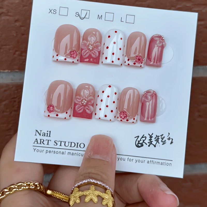 TEMU 10pcs Handmade Press-on Nails Suitable For - Short Square Duckbill False Nails With Thickened Glossy Acrylic, Pink French Tip, Hand-painted 3d