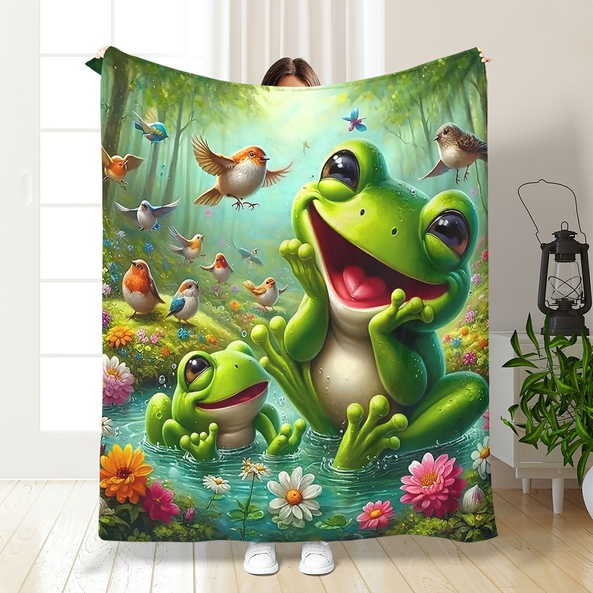 

1pc Cozy Flannel Throw Blanket With Frogs And Birds Print - , Hypoallergenic, Stain-resistant, Machine Washable - Home Or Office, Shawl Or Leg Warmer, Blanket|vibrant Print Blanket|soft Flannel Fabric