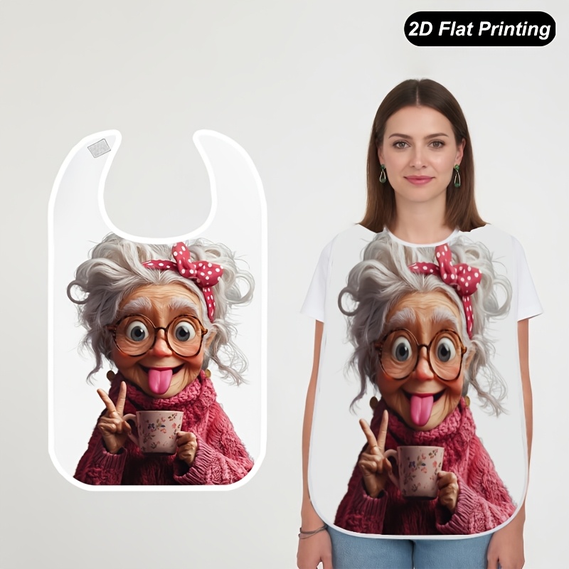 TEMU 1pc 2d Flat Elderly Woman Coffee Printed Bibs Fashionable Adult And Elderly Crumb Catcher For , Tableware Elements, Fun Pattern, Stylish Bib,