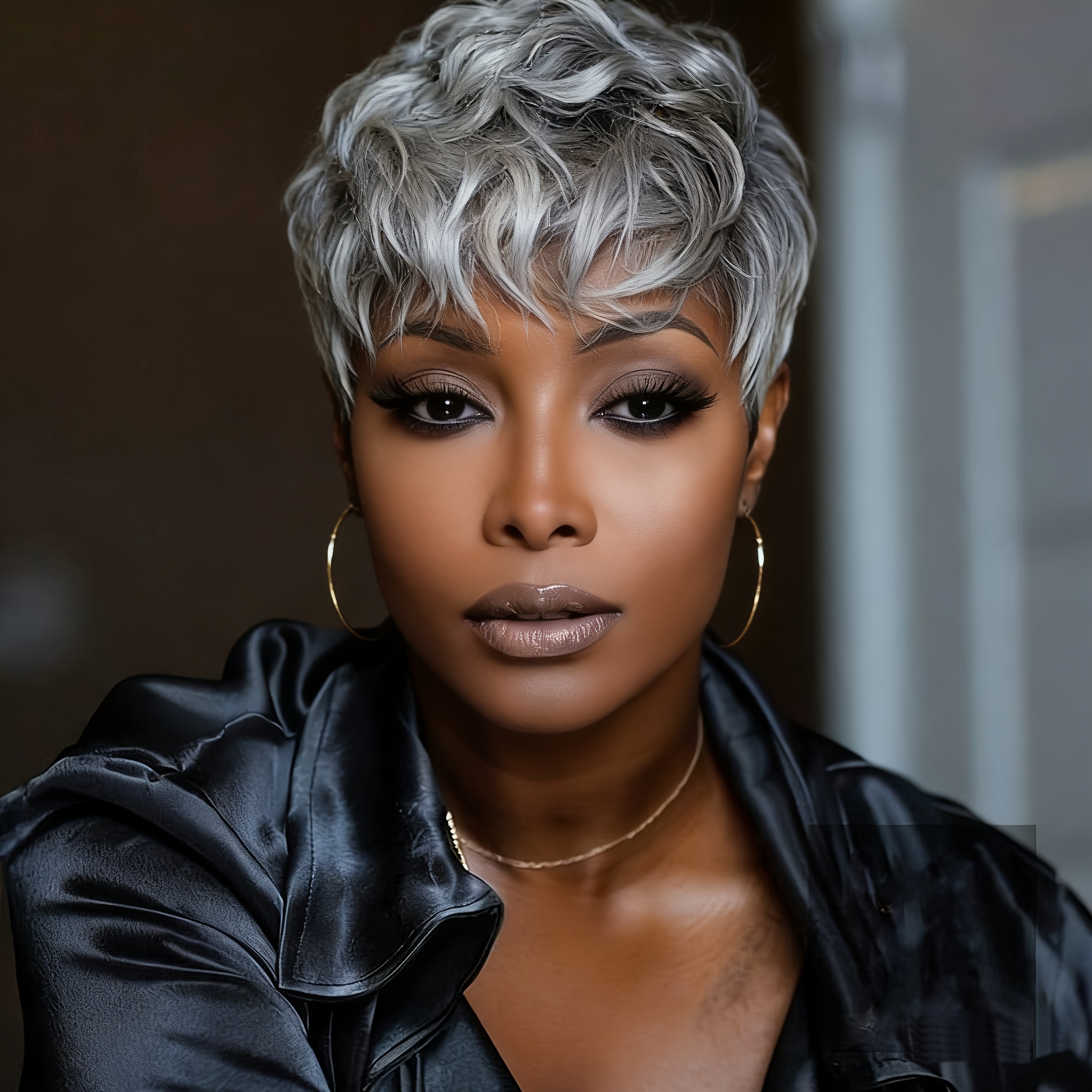 TEMU Women's Human Hair Cut Wig Full Machine Made Short Layered Curly With Bangs Natural Black 180% Density