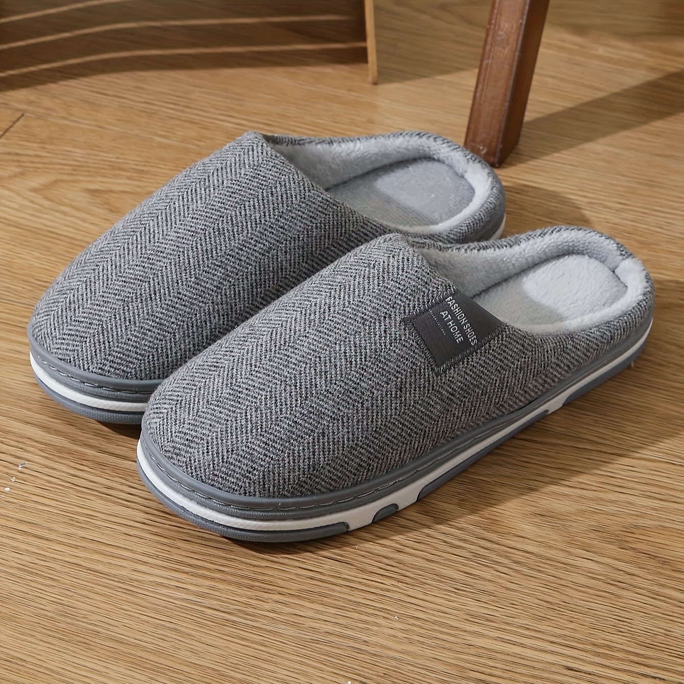 Image of Herringbone Gray Large-size Fashion Trend Comfortable Flat Home Shoes, Women Shoes