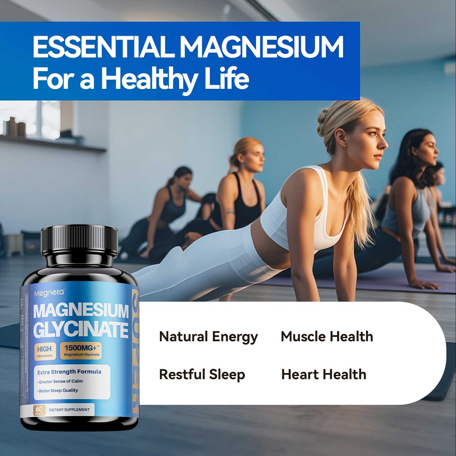 Megneta Magnesium Glycinate with Vitamins B6 & D3 for Sleep, Calm, Muscle & Heart Health, 60 Capsules