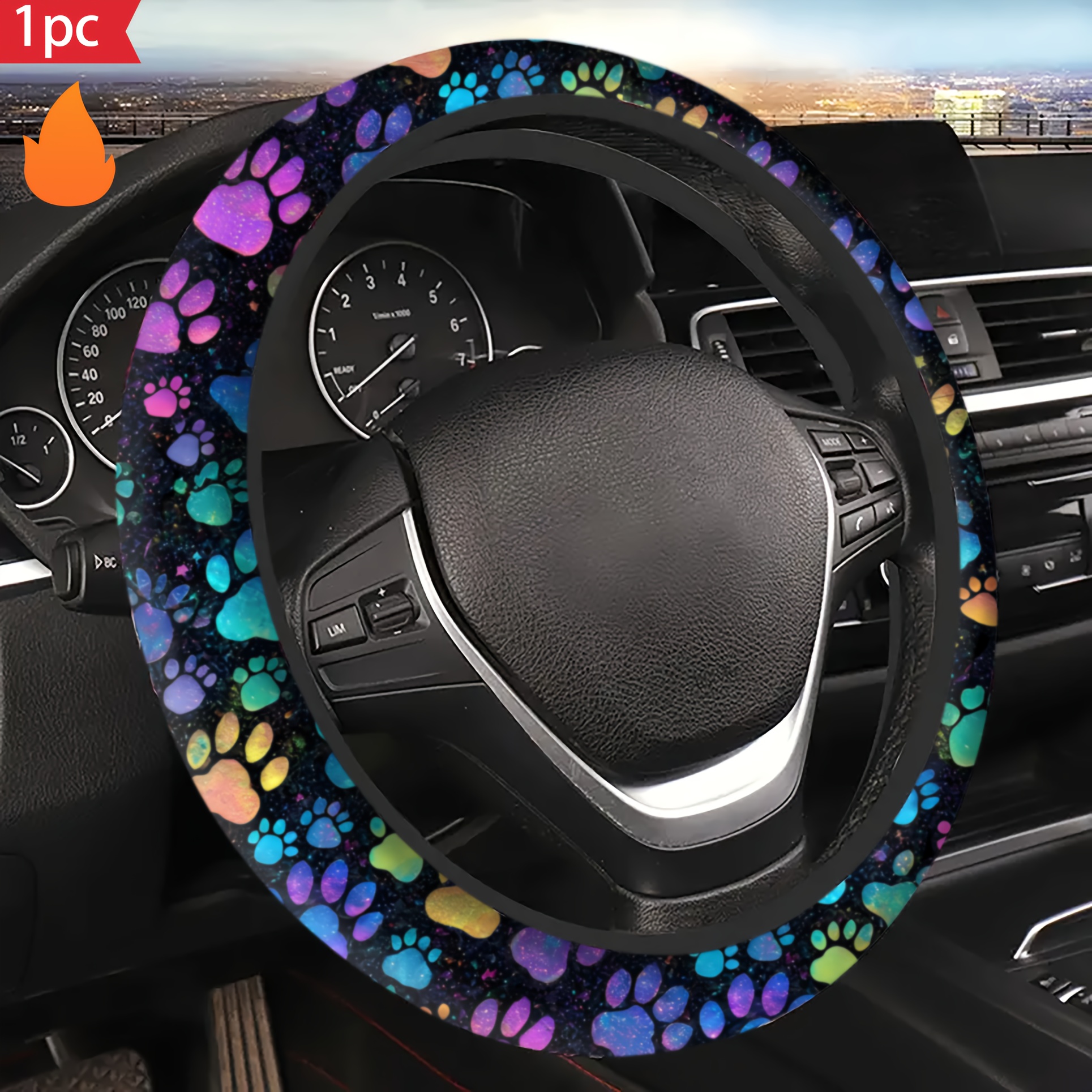 

Elastic Seamless Steering Wheel Cover - No Needed, Suitable For Car Interior Accessories, Cute Cat, Dog Paw Neon Printing, Wear-resistant, Non-slip, Sweat-absorbing, Washable, Car Gift