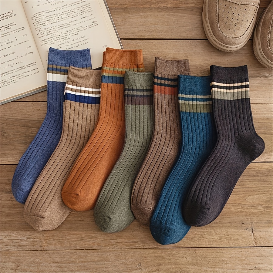 TEMU 7 Paires de Chaussettes Longues pour Homme, Couleur Unie, Toutes Saisons, Anti-Odeur, Anti-Transpiration, Rayées, Résistantes à la Transpiration