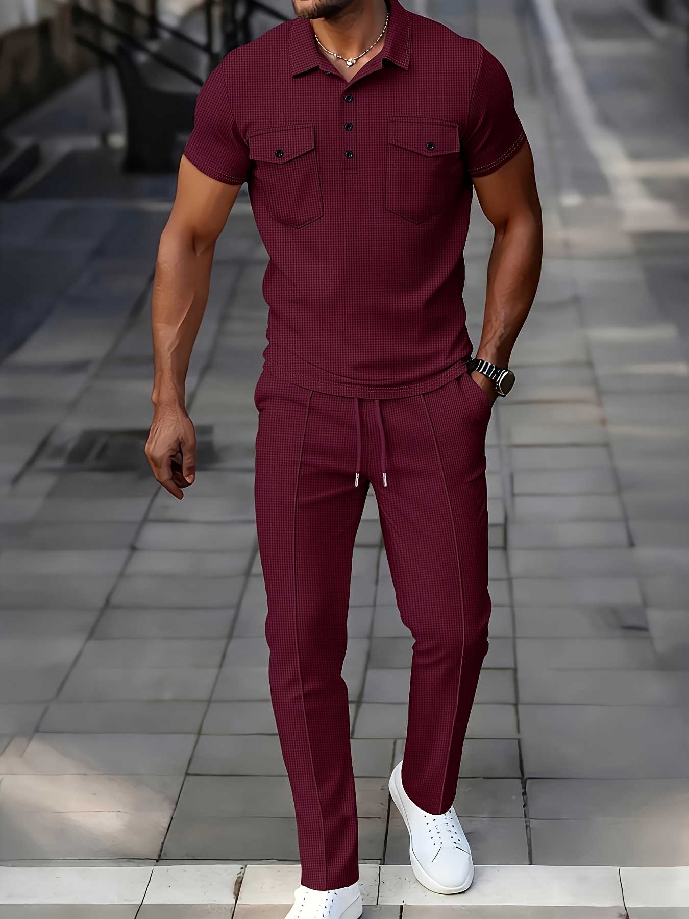 Men's Waffle Knit Casual Double-Pocket Short-Sleeve Shirt with Athletic Long Pants Set