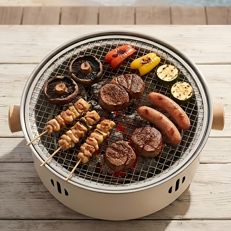 Image of Portable Stainless Steel Bbq Grill, Compact Charcoal Barbecue Stove With Grill Net For Camping, Picnic, Garden Gatherings, Outdoor Parties, Backyard Cooking And Tea Brewing