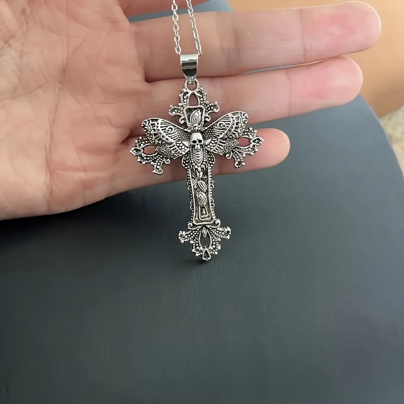 Fashion Retro Gothic Style Flower Vine Cross Skull Moth Pendant Necklace Sweater Chain, Daily Wear Gift