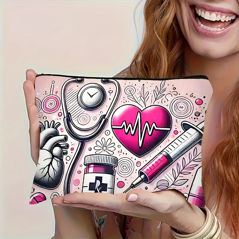 Image of Pink -themed Travel Cosmetic Bag - Durable Polyester Zipper Pouch With Stethoscope & , Machine-washable Minimalist Organizer For Women, Gym, Camping, Business Trips - Perfect Gift