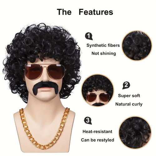1 pieza de peluca corta negra esponjosa disco afro, pelucas de cosplay anime, pelucas divertidas y exóticas para hombres y mujeres
