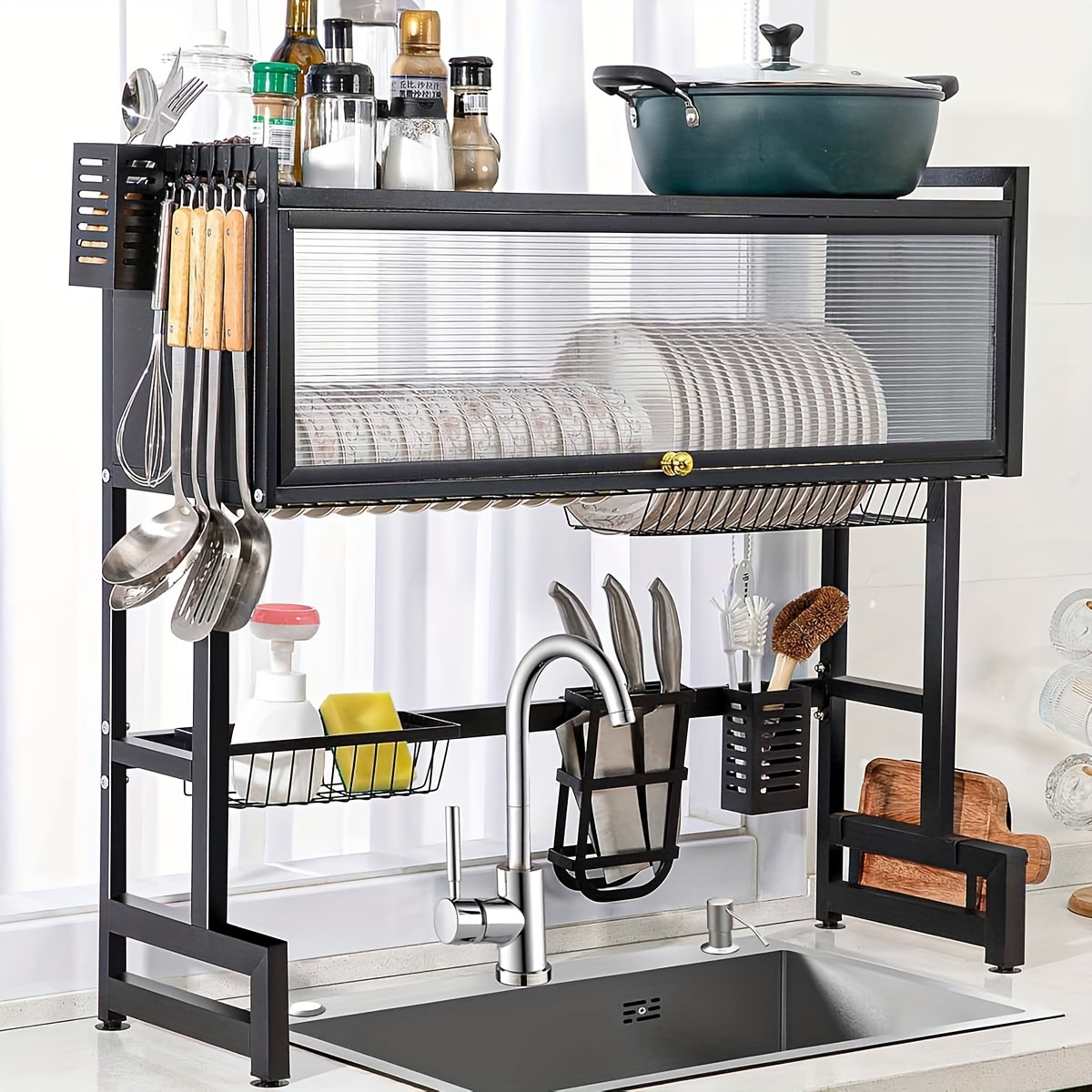 

1pc Modern Metal Over Sink Dish Drying Rack With Multifunctional Storage, Flip Cover, And Utensil Holder - Organizer (25.59"l X 11.02"w X 31.88"h)