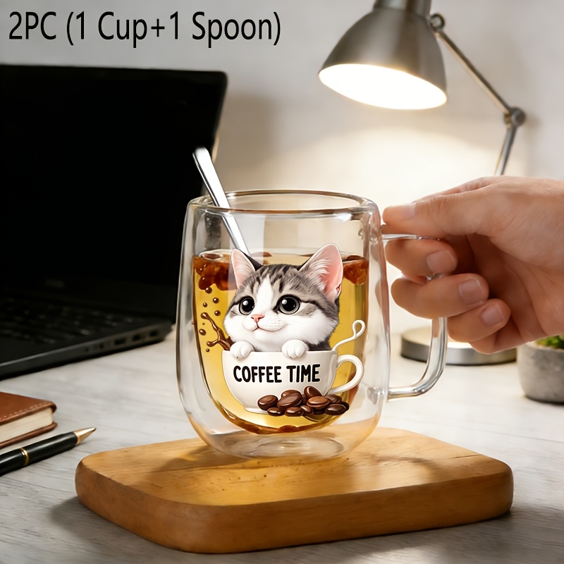 TEMU 2pcs Insulated Double-walled Borosilicate Reusable Glass Cup With Spoon Handle,large Capacity Clear Coffee Mug For Beverages Drinks For Men