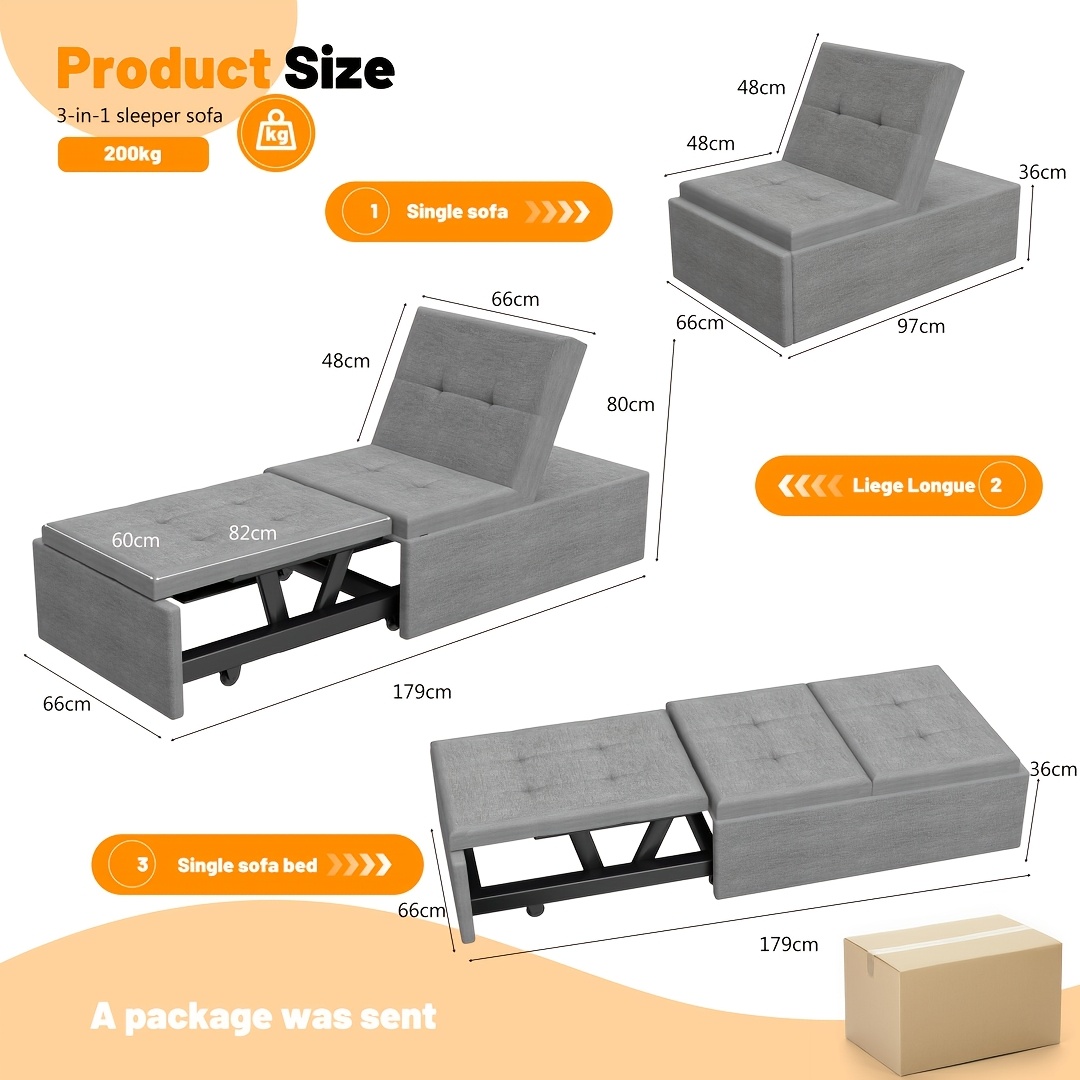 TEMU Single Sofa Bed Widened, 3 In 1 Convertible Pull Out Sleeper Chairbed Futon With 5-speed Adjustable Backrest, Fabric Bedcouches For Living Room