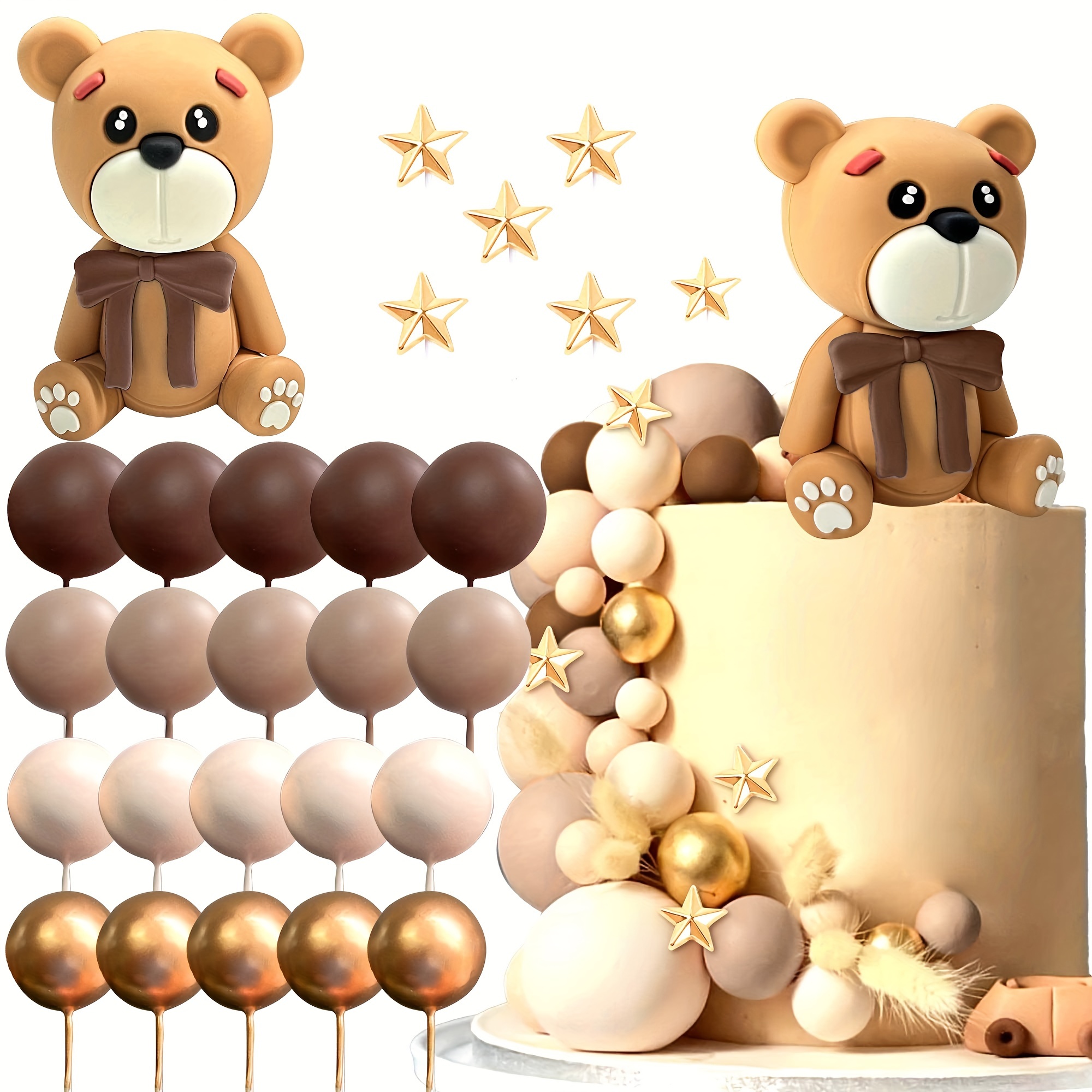 

Personalized Teddy Bear Cake Topper Set - Multicolor Bowknot Design For Weddings, Birthdays & Themed Parties - Includes Golden & Brown Balloons
