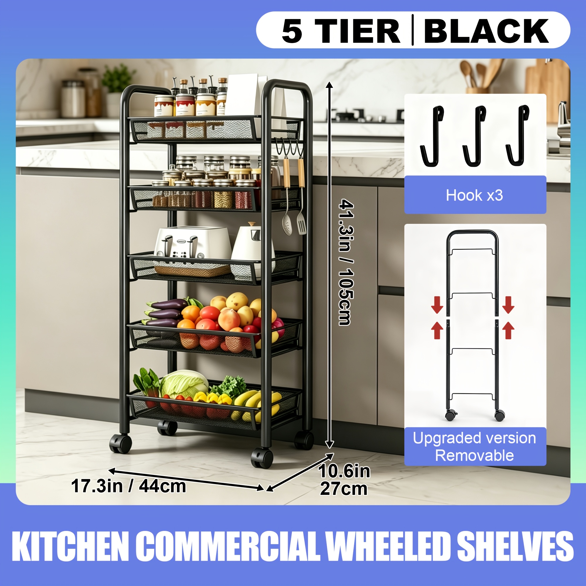 TEMU 3/4/5 Tier Kitchen Dining Side Cart - Carbon Steel Storage Cart, Multifunctional Metal Rolling Cart, Easy To Move, Kitchen Organizers And