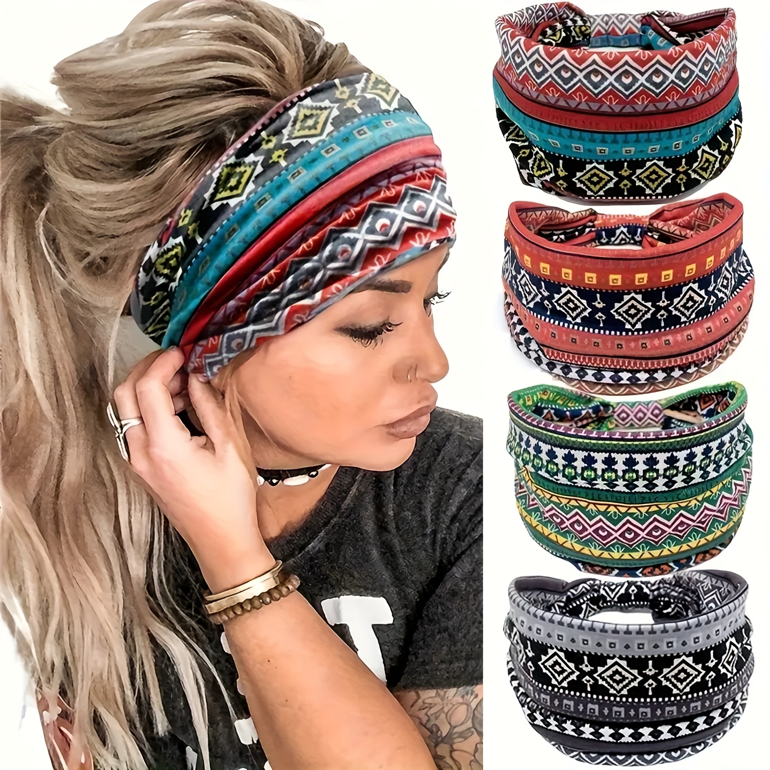 TEMU 4pcs Set Of Bohemian Style Wide Headband For Women - Sweat Absorbing Lightweight Yoga Exercise Headband With Vintage Print Design