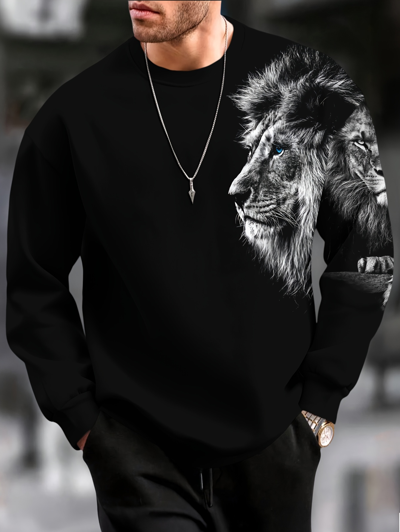 Heren Zwart Leeuw Grafische Print Trui - Opvallend Leeween Gezicht & Manen Design