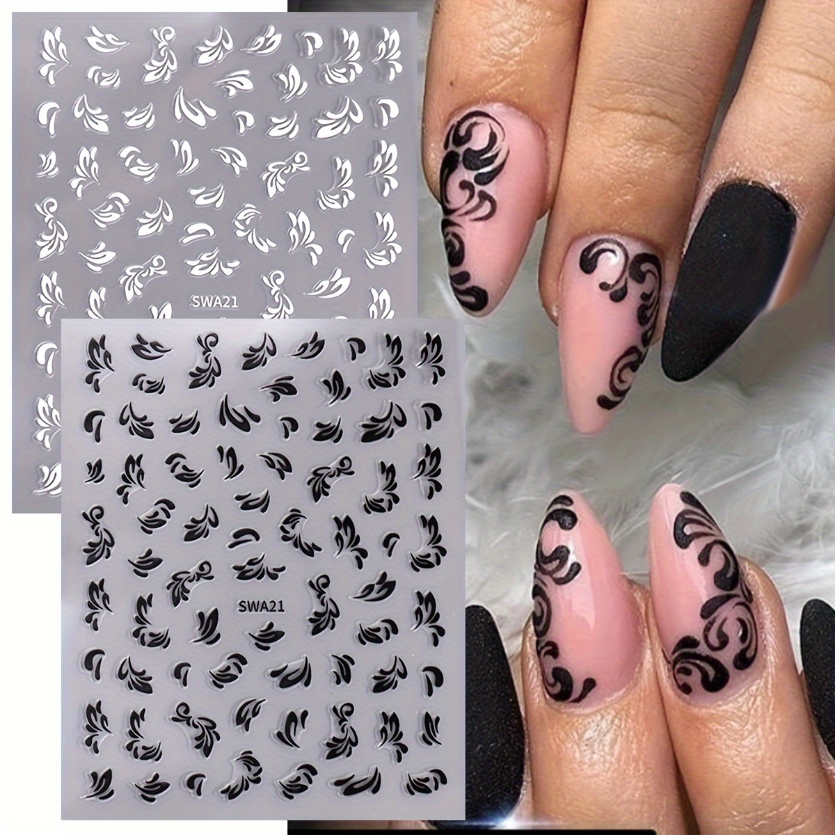 

Fantasy Leaf Design Stickers For Nails - Swa21 Black & White, Plastic, Self-adhesive, Dazzling, One-time Use, Rectangle, Matte Finish