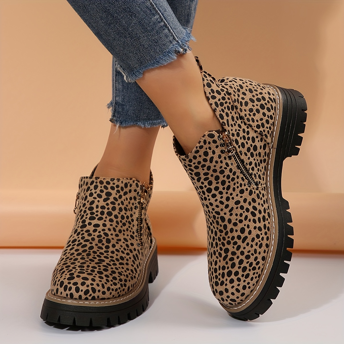 1pr womens leopard print ankle booties round toe zipper closure block heel boots   flannel upper fabric lined   heel rubber sole booties 3