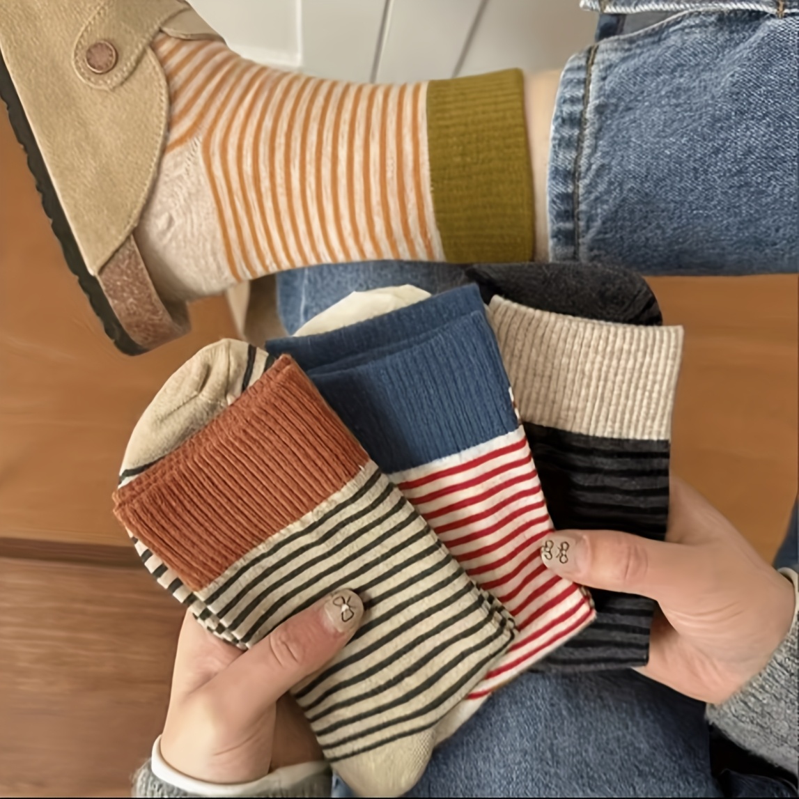 

5pcs Cozy Striped Women's Long Socks - Fashionable & Preppy, Soft Polyester/spandex , Ribbed Texture, Autumn & Winter, Hand Washable, Cute Socks