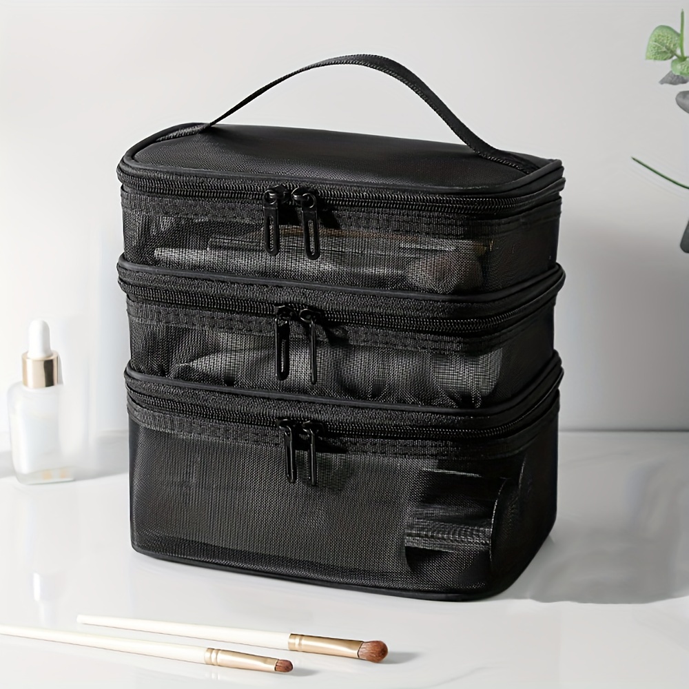 E-shop Kosmetiktasche aus Netzstoff, großes Fassungsvermögen, Reise-Kosmetiktasche mit 3 Schichten, doppellagiger Organizer, tragbare