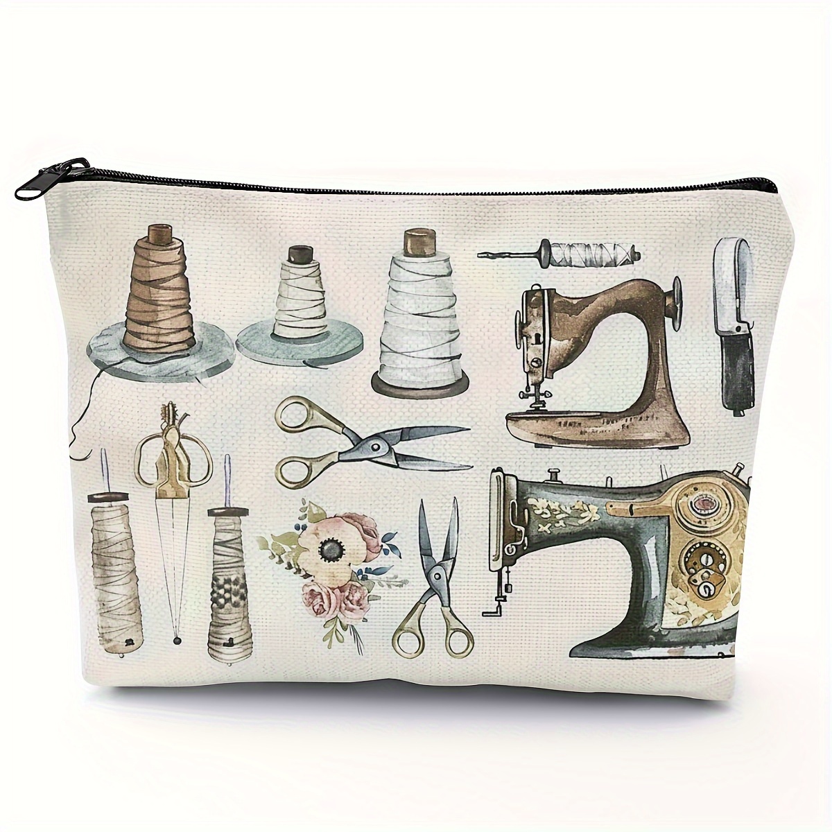 

Chic Sewing Machine Print Makeup Bag - Polyester, Zippered Cosmetic Pouch For Women, Perfect Travel Companion