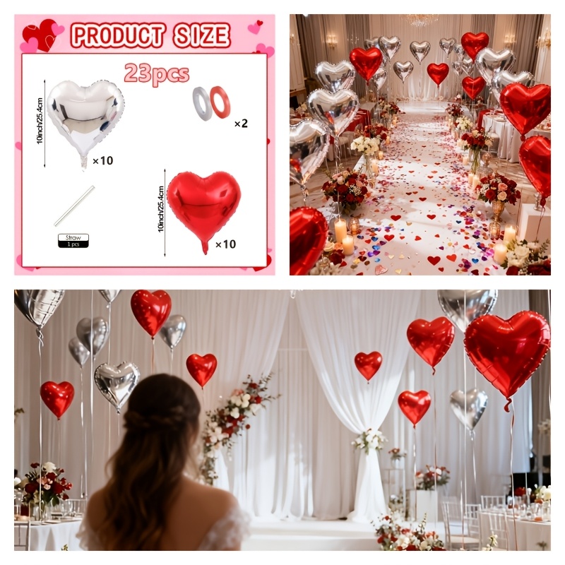 Image of 23pcs Heart Foil Balloon Set, 10 Silvery + 10 Red Heart Balloons With 2 Ribbons + 1 Balloon Straw, Birthday Party, Wedding, Engagement, Valentine, Graduation, Anniversary Celebration Party Decoration