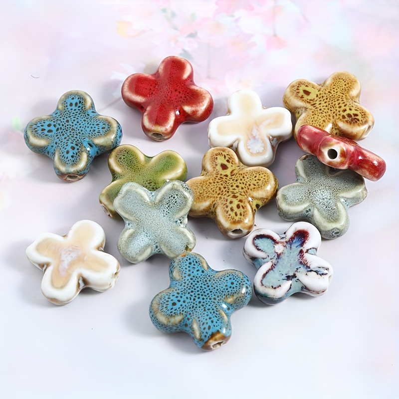 

8pcs Ceramic Flower Beads - Handmade Porcelain Craft Beads For Making, Bracelet, Necklace, Decorative Bead Assortments