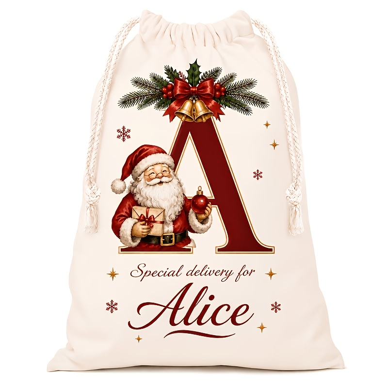 TEMU de Noël personnalisé en toile avec initiale et nom, , grand format personnalisé avec motif de peinture, sac en tissu de Père Noël, cadeau de
