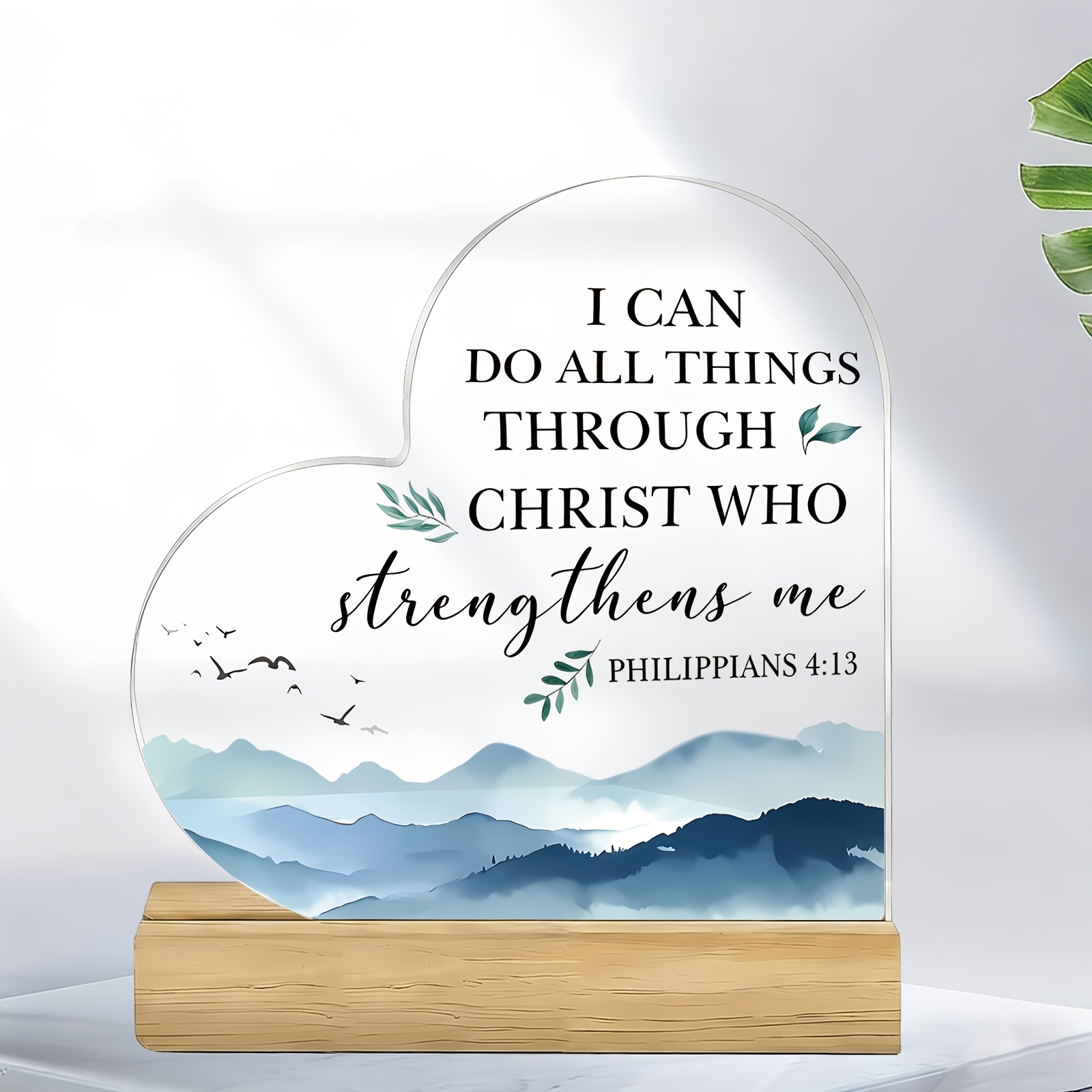TEMU 2d Flat, 1pc Inspirational Bible Verse Heart-shaped Acrylic Plaque With Wooden Base, Engraved Philippians 4:13 Quote, Christian Home Office