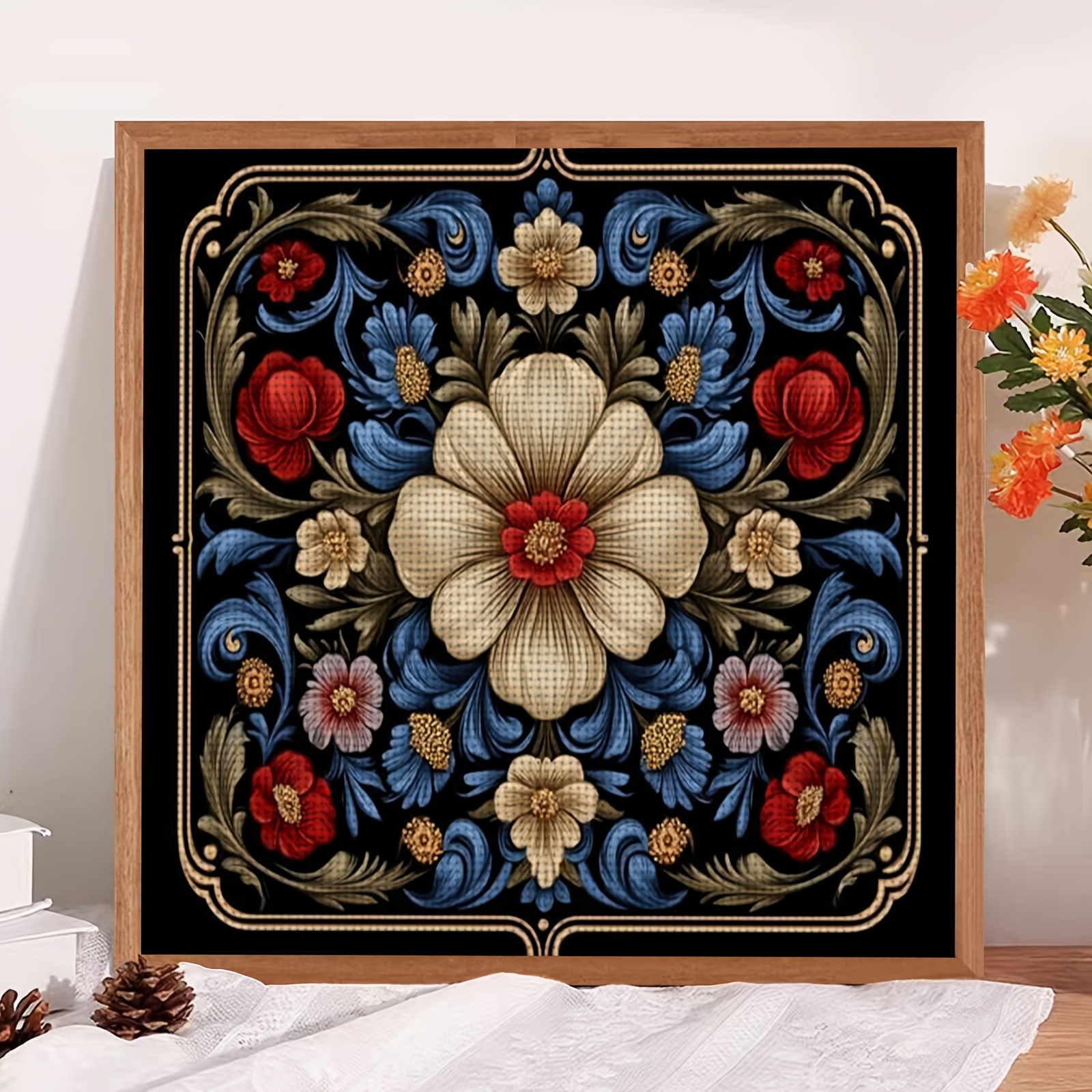 Cross-Stitch Printed Kit, Frameless, Black Background Floral Decoration Pattern