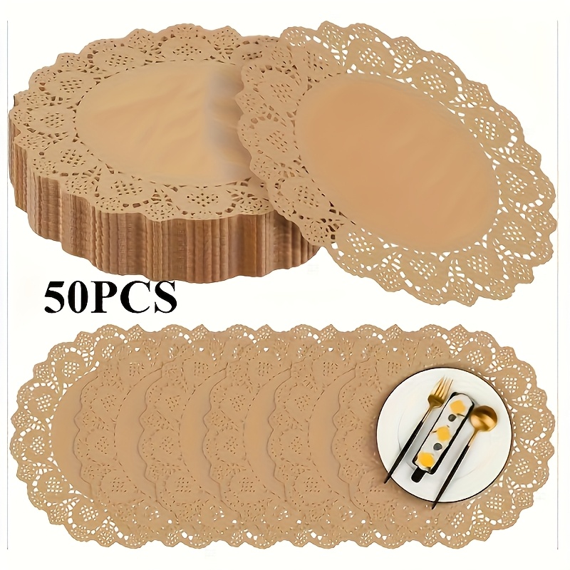 TEMU 50 Pack Round Brown Paper Doilies 13.5 Inches Lace Paper Placemats Rustic Scallop Disposable Paper Table Pads For Food Cakes Crafts Party