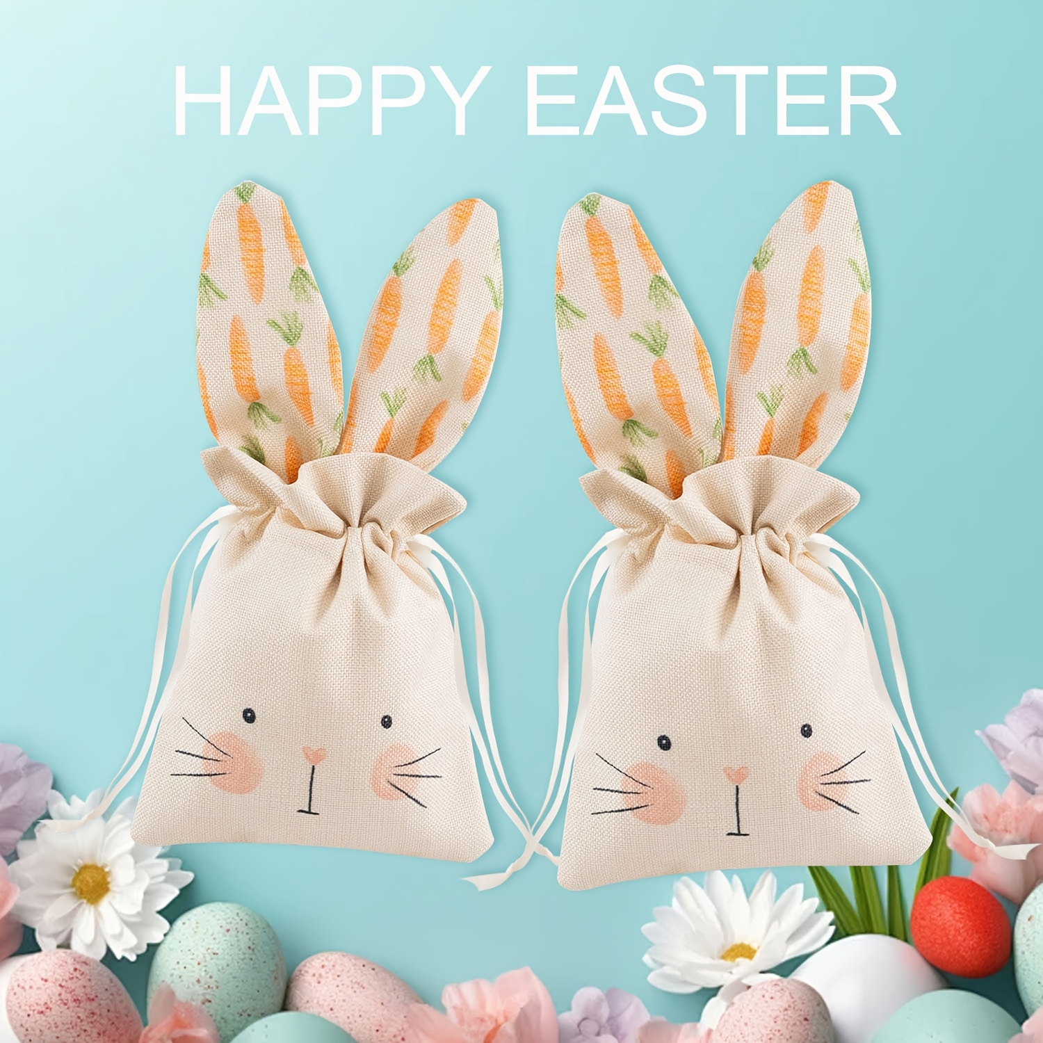 

2 Easter Bags With Drawstrings, Creatively With Prints And Bunny Ears, Holding , Candies, And More, Suitable For As Easter Parties, Weddings, And Country Gatherings.