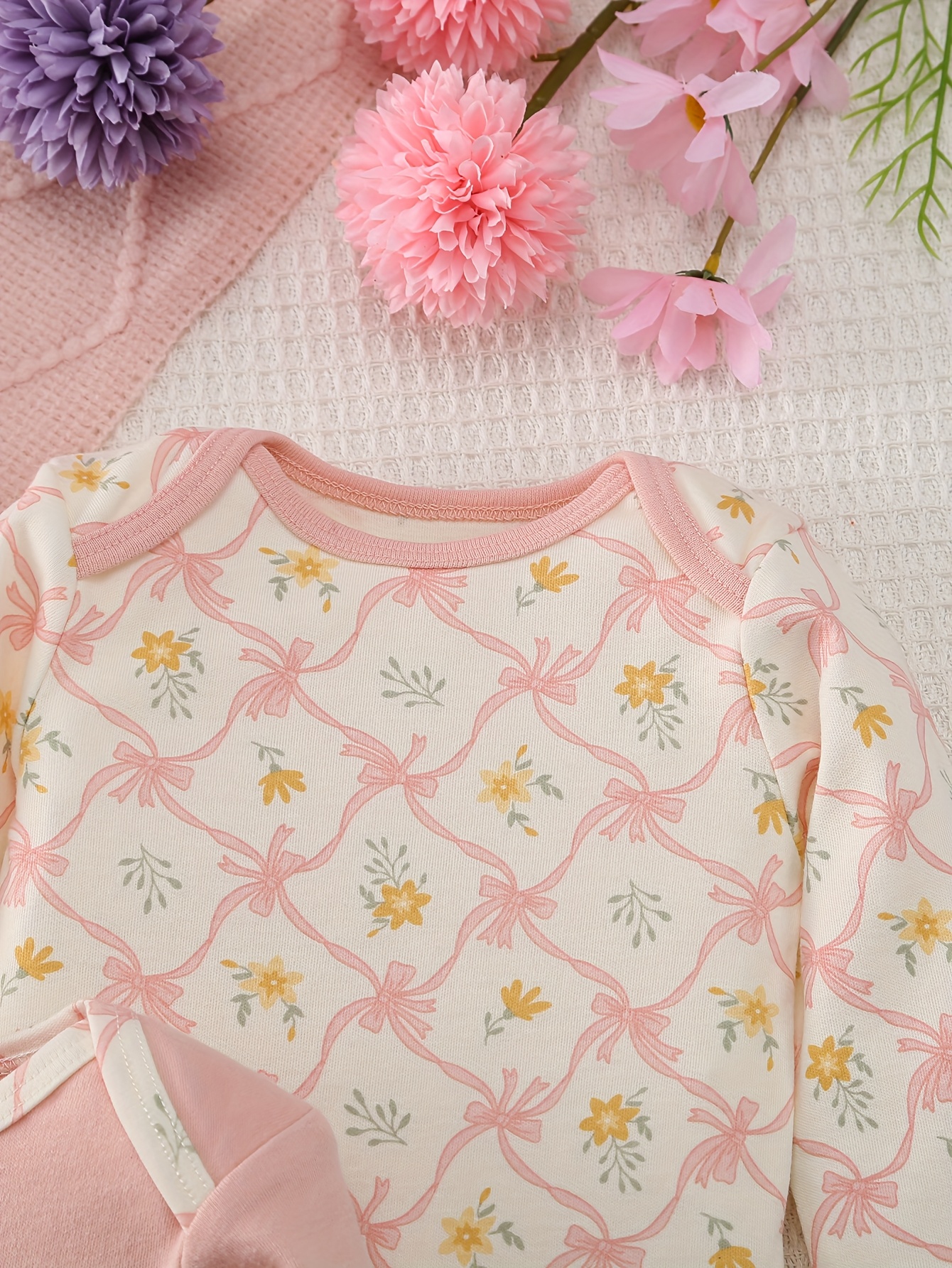 3pcs Girls' Long Sleeve Cartoon Bear Bodysuits Set